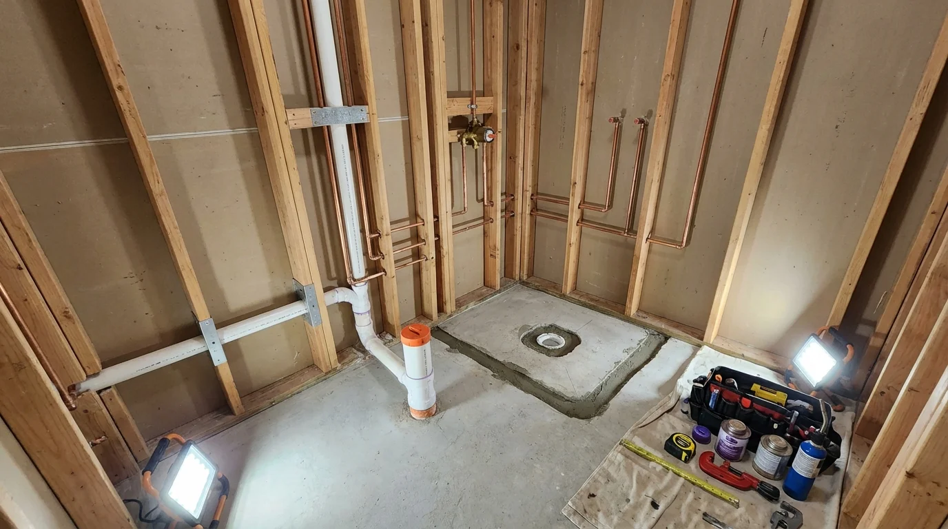 Bathroom rough-in plumbing during remodel by Johns Plumbing LLC in Clatskanie