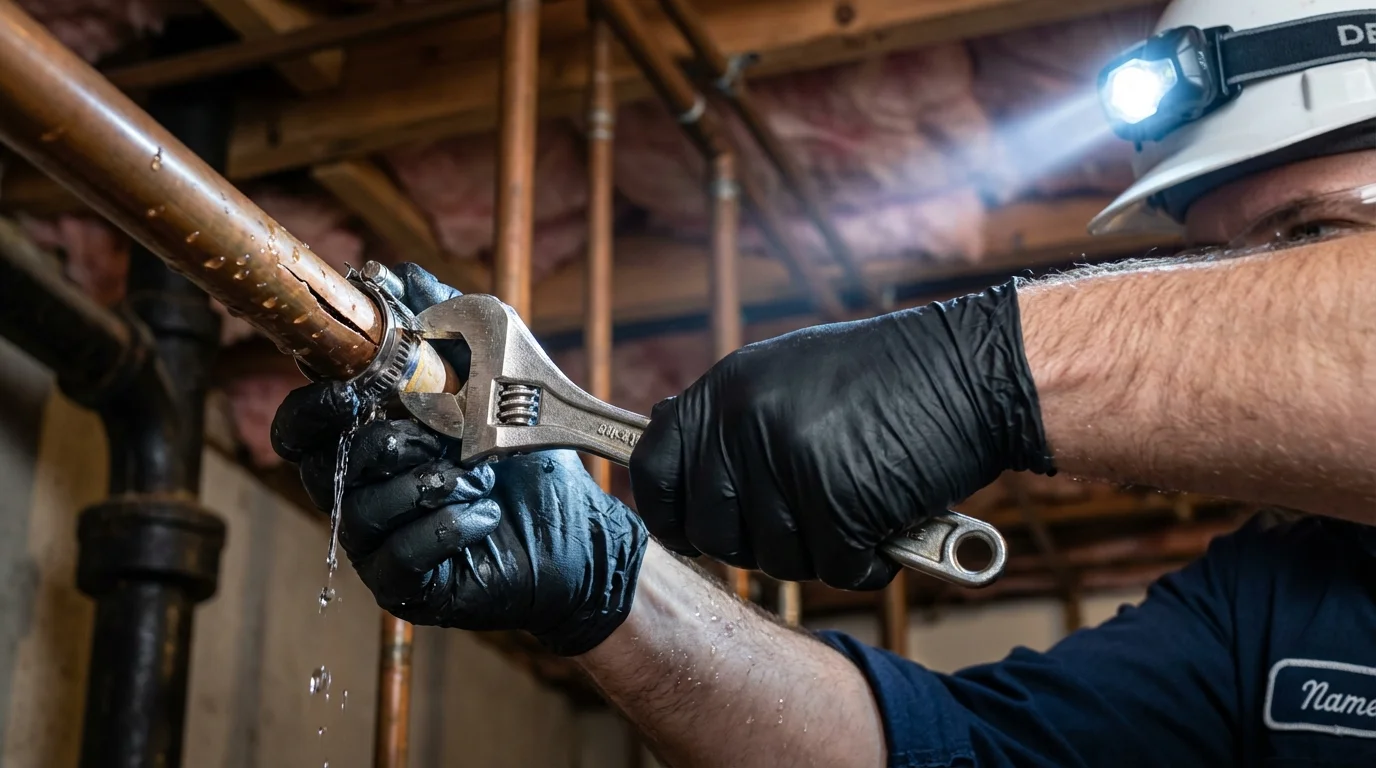 Emergency pipe clamp repair being performed by a Johns Plumbing LLC plumber in Clatskanie