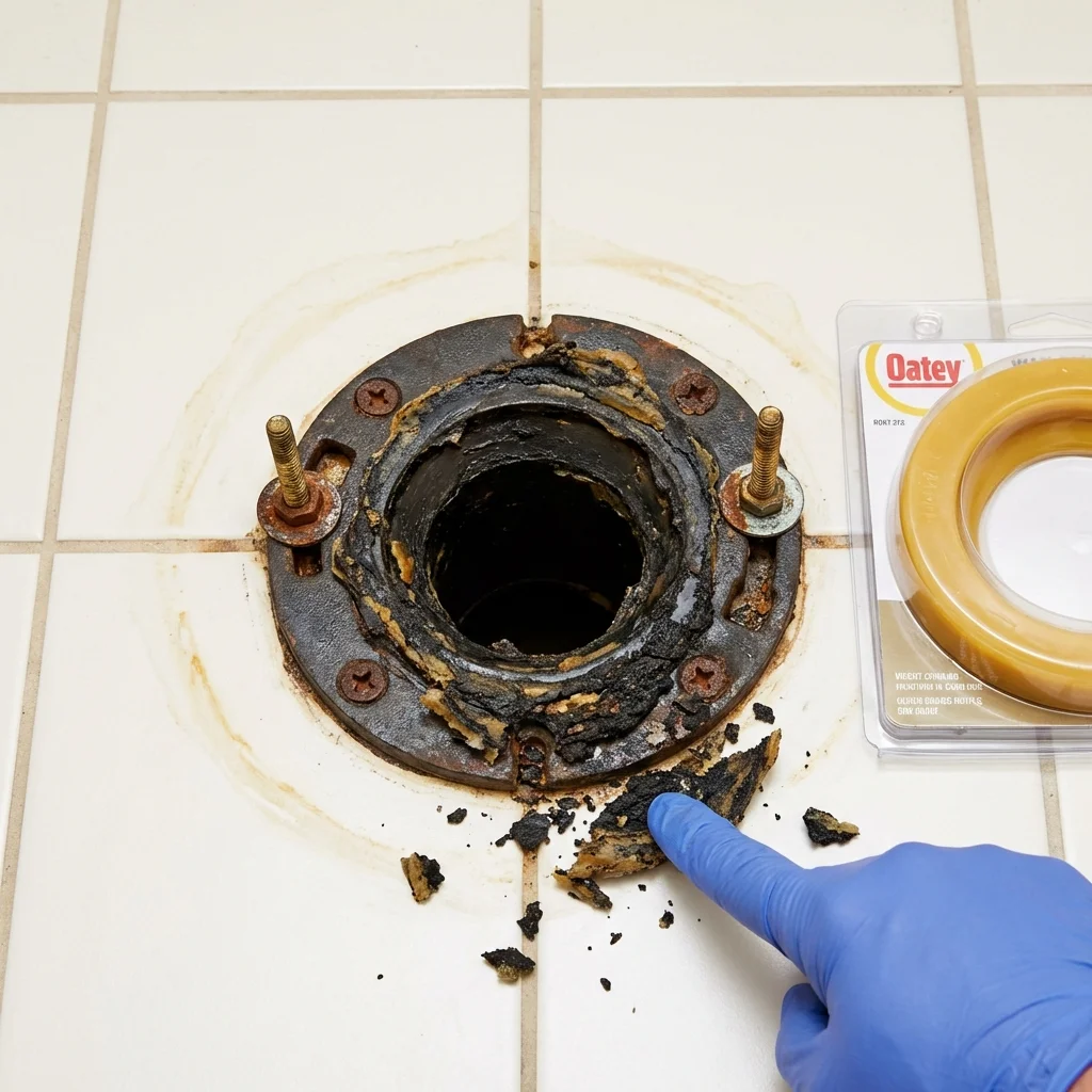 Failed wax ring showing water seepage at the base of a toilet in a Clatskanie, OR home