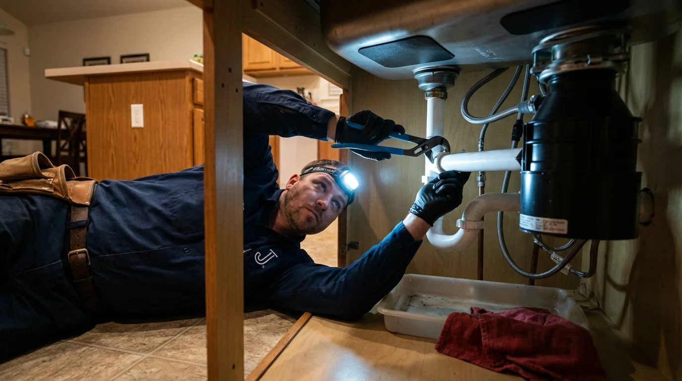 P-trap and supply line connections under a kitchen sink showing a common leak point in Clatskanie, OR